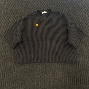 One Grey Day OGD Black Ribbed Knit Short Sleeve Crop Sweater Cotton Silk Blend L